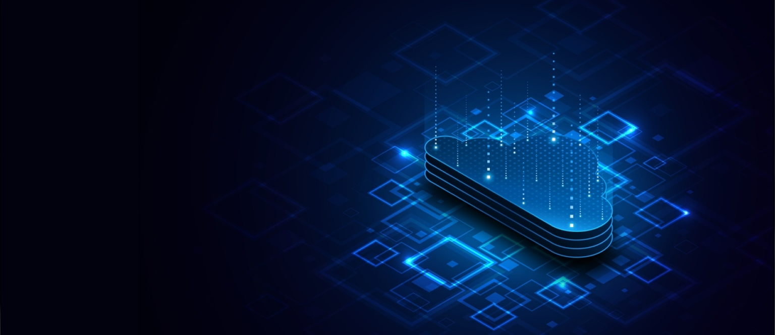 Neon blue cloud icon with stacked layers, representing cloud storage and data networks.
